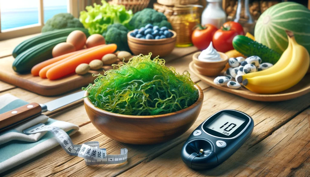 A detailed illustration of sea moss in a bowl on a wooden kitchen table, with a diabetic glucose meter and healthy foods in the background