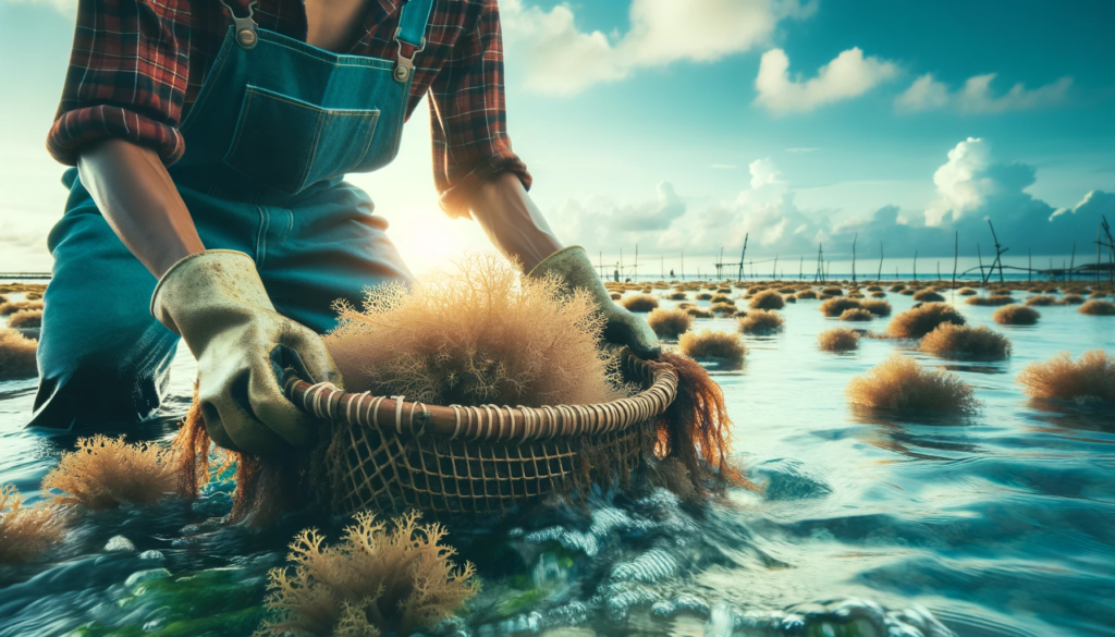 A farmer harvesting sea moss from the ocean, showcasing the sustainable and natural source of sea moss