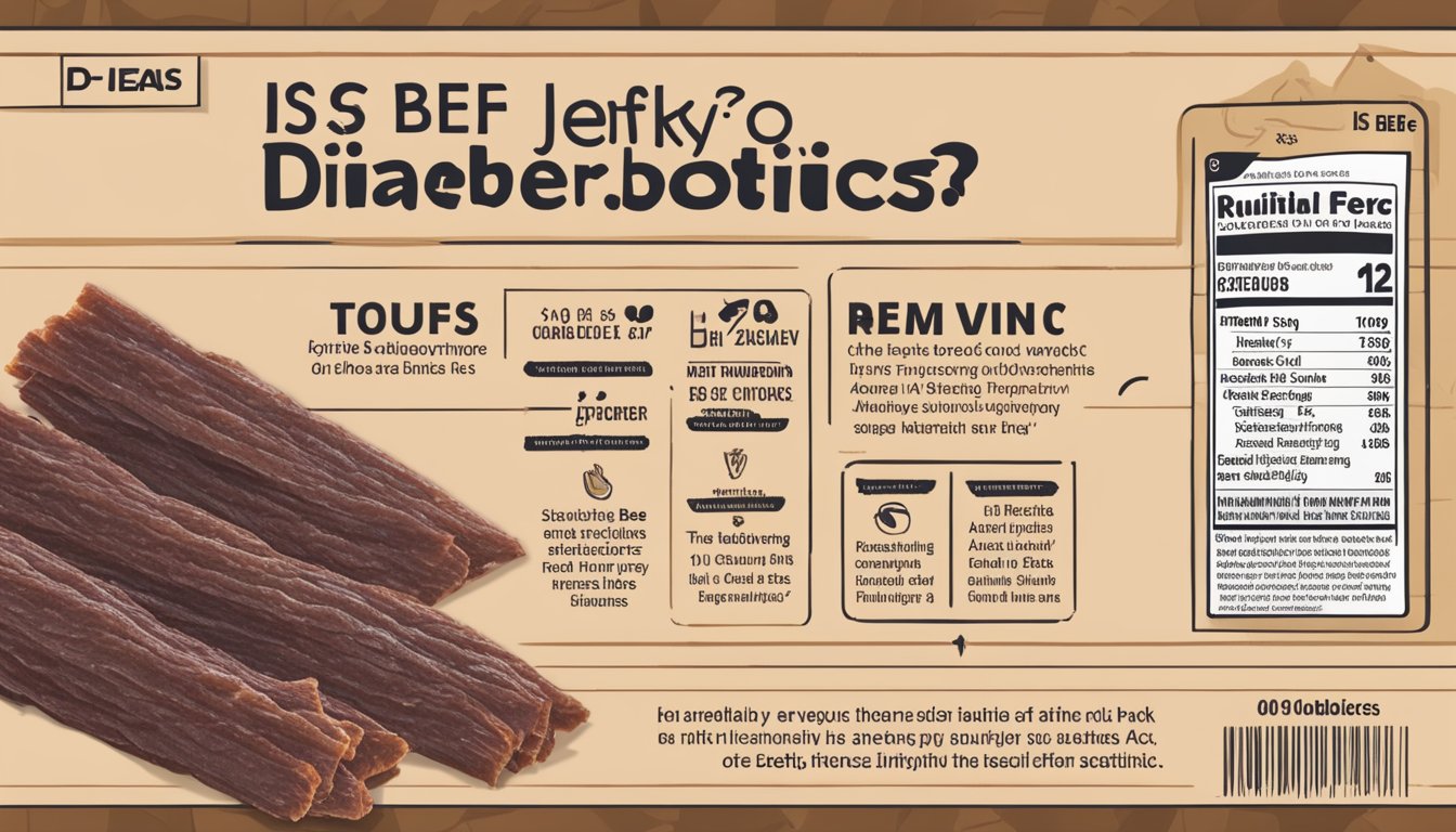 A pack of beef jerky sits next to a nutritional profile chart. Text reads "Is beef jerky good for diabetics?"