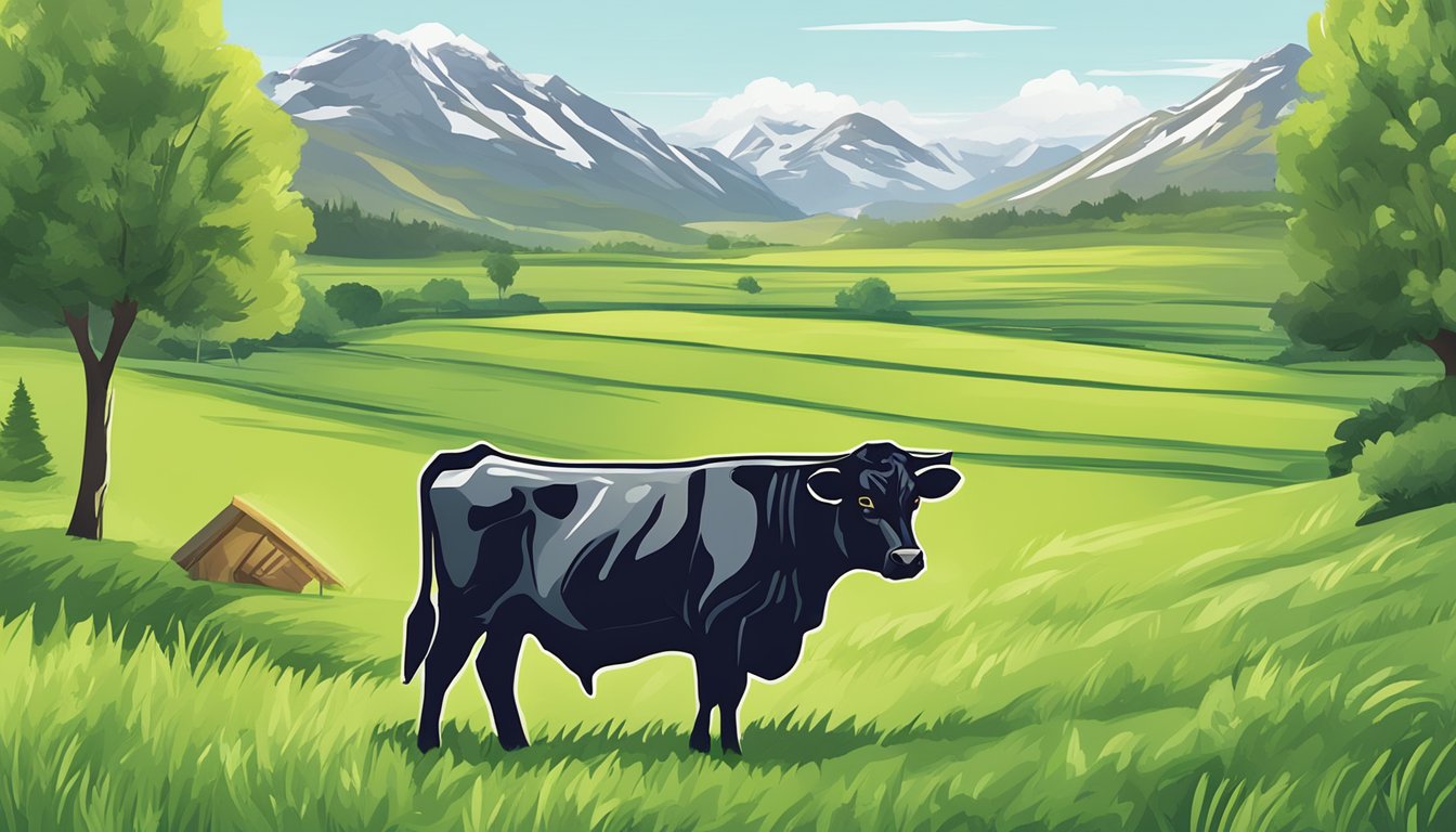 A package of grass-fed beef jerky with a diabetes-friendly label, surrounded by fresh green grass and grazing cattle