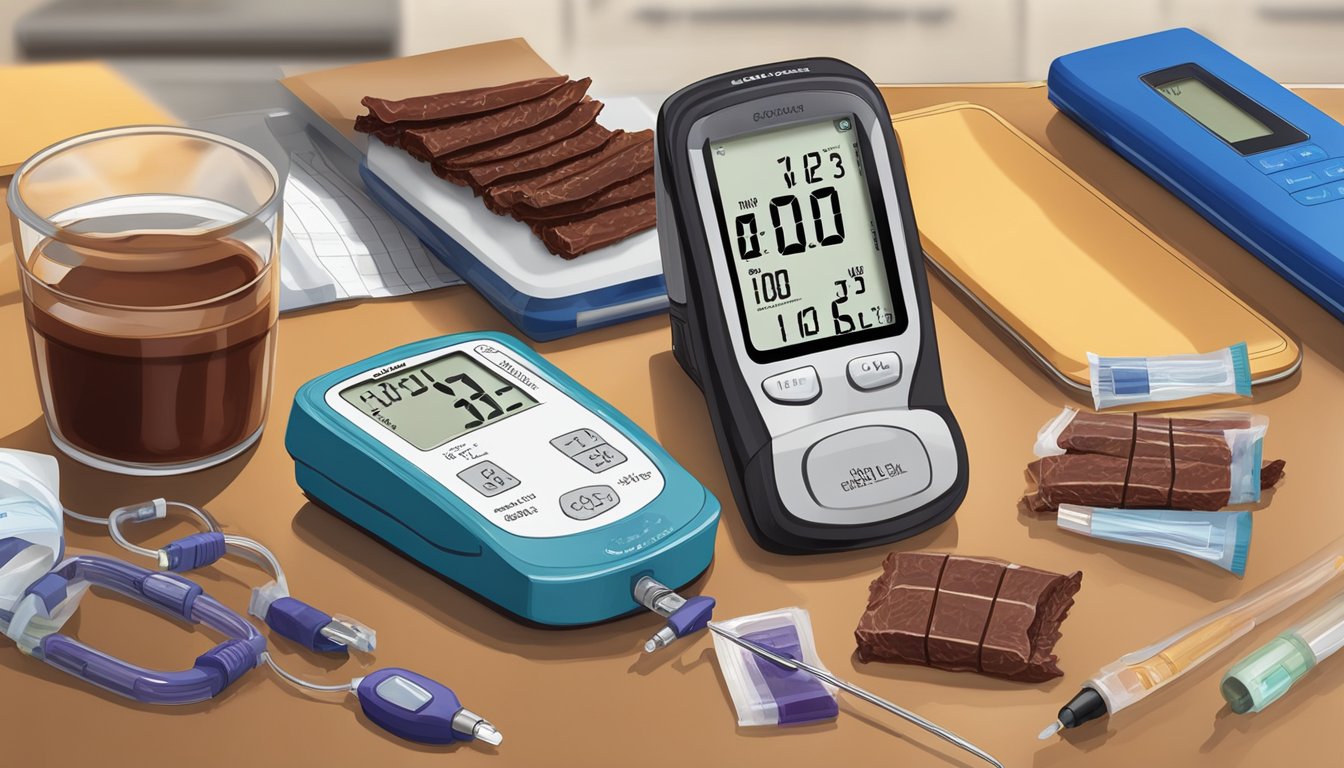 A package of beef jerky sits next to a blood glucose monitor and insulin pen on a kitchen counter