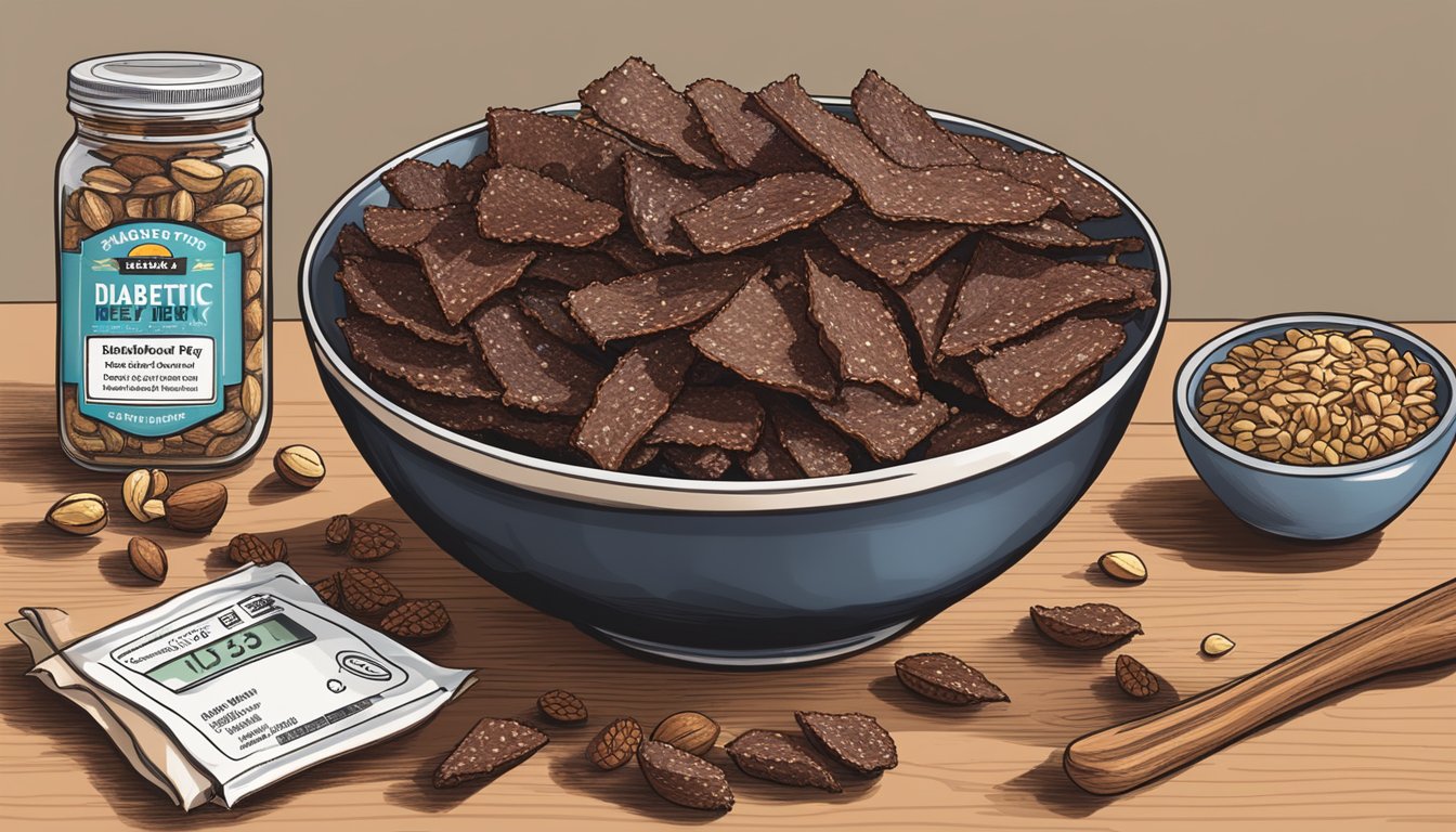 A bowl of beef jerky surrounded by nuts, seeds, and fresh fruit. A "diabetic-friendly" label is prominently displayed