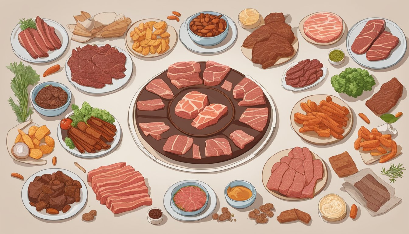 A variety of meats arranged in a circle, with beef jerky at the center, surrounded by symbols representing diabetes