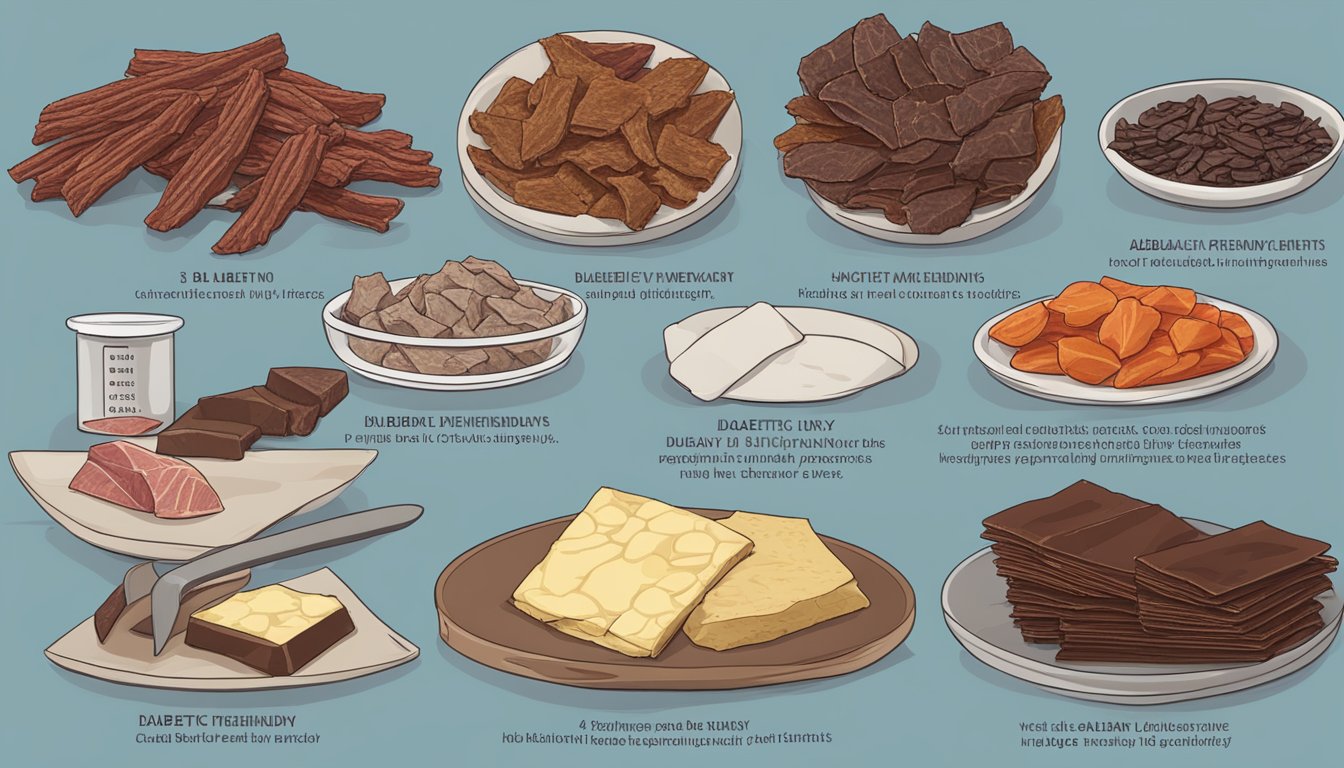 A table with different types of beef jerky labeled "Diabetic-Friendly" ingredients