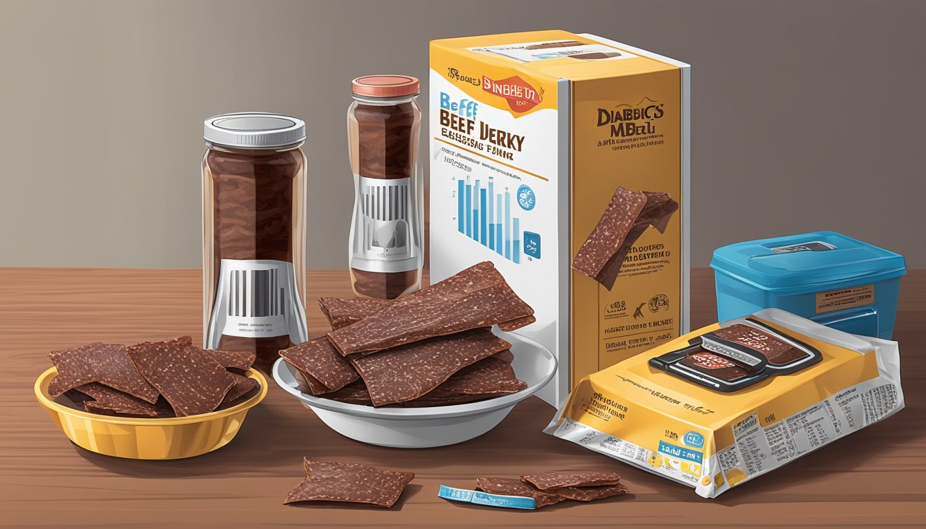 A package of beef jerky sits next to a balanced diabetic meal, with a measuring tape and blood sugar monitor nearby