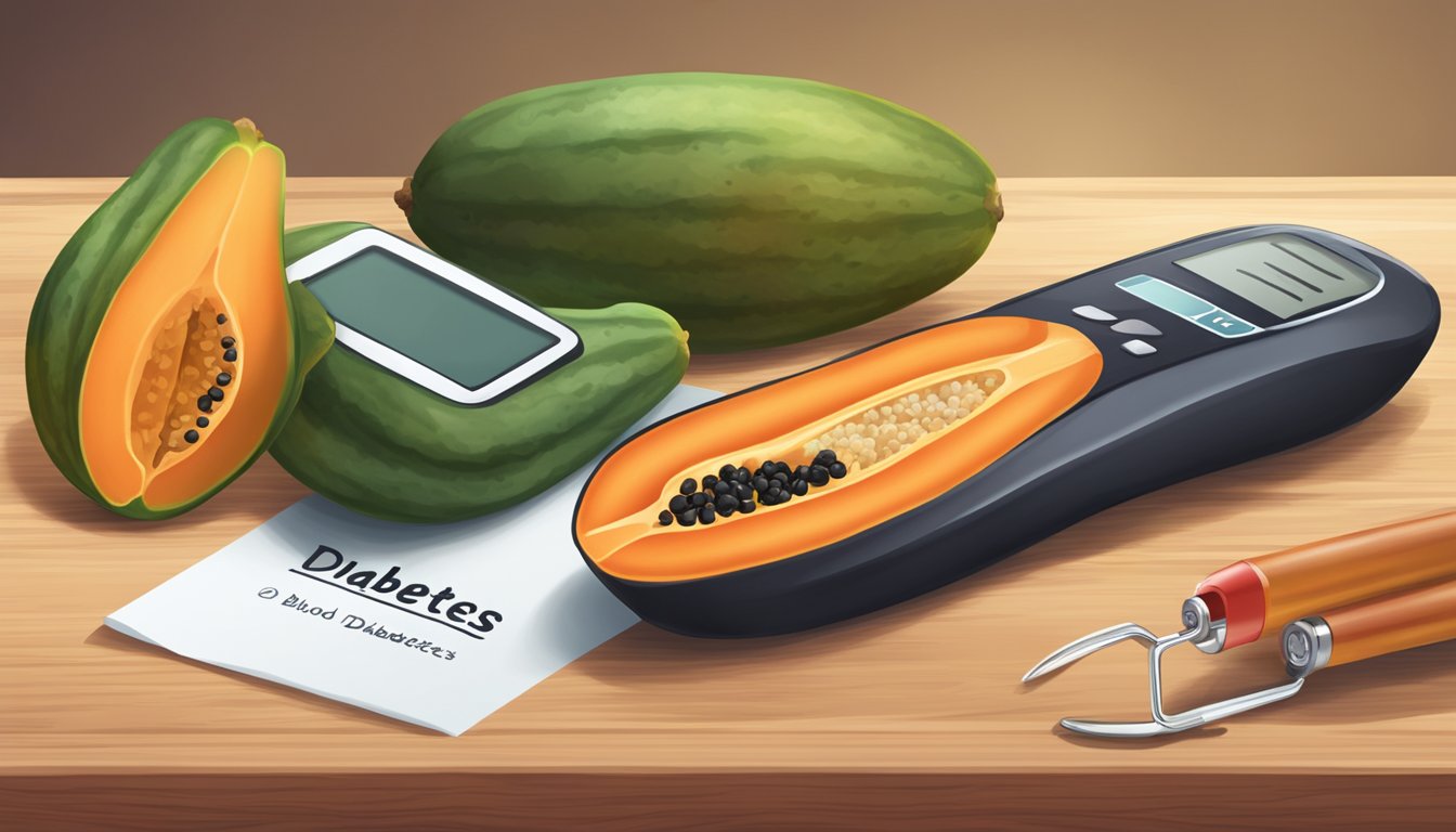 A ripe papaya sits on a wooden cutting board with a knife beside it. A blood glucose meter and a piece of paper with "diabetes" written on it are nearby