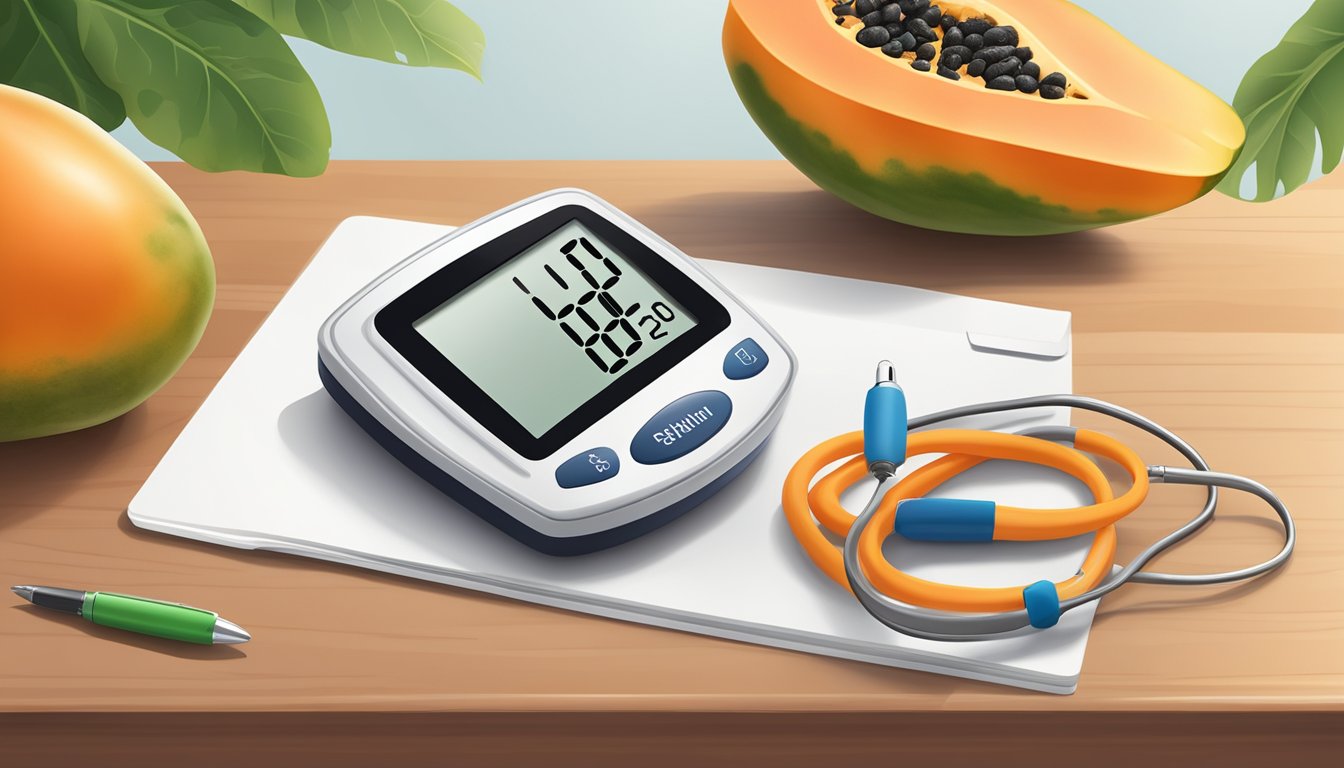 A papaya sitting on a wooden cutting board, surrounded by a blood glucose monitor, insulin pen, and diabetes education materials