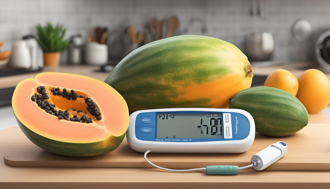 A ripe papaya sits on a kitchen counter next to a blood glucose monitor and a list of low glycemic index foods