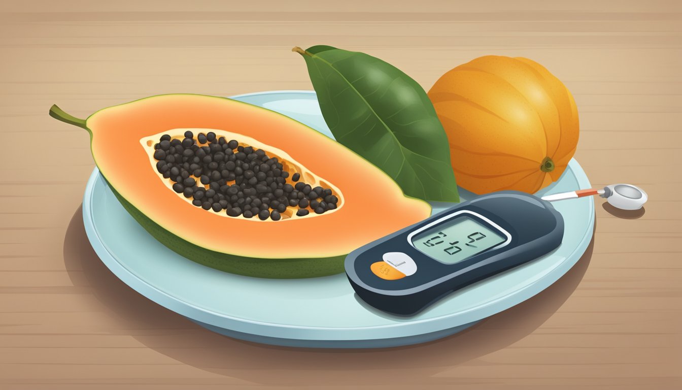 A ripe papaya sits on a plate next to a measuring cup and a blood glucose monitor, symbolizing its potential role in a diabetic diet