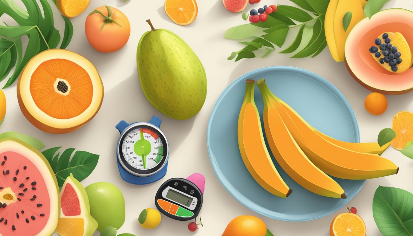 A colorful array of fruits, including a ripe papaya, sits on a plate with a measuring tape and glucose meter nearby