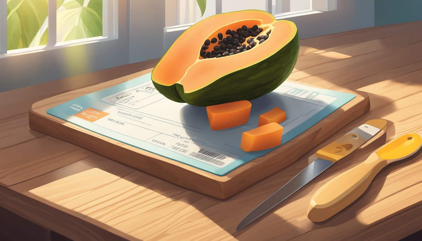 A ripe papaya sits on a wooden cutting board, surrounded by a measuring cup and a nutrition label. The sunlight streams in from a nearby window, casting a warm glow on the scene