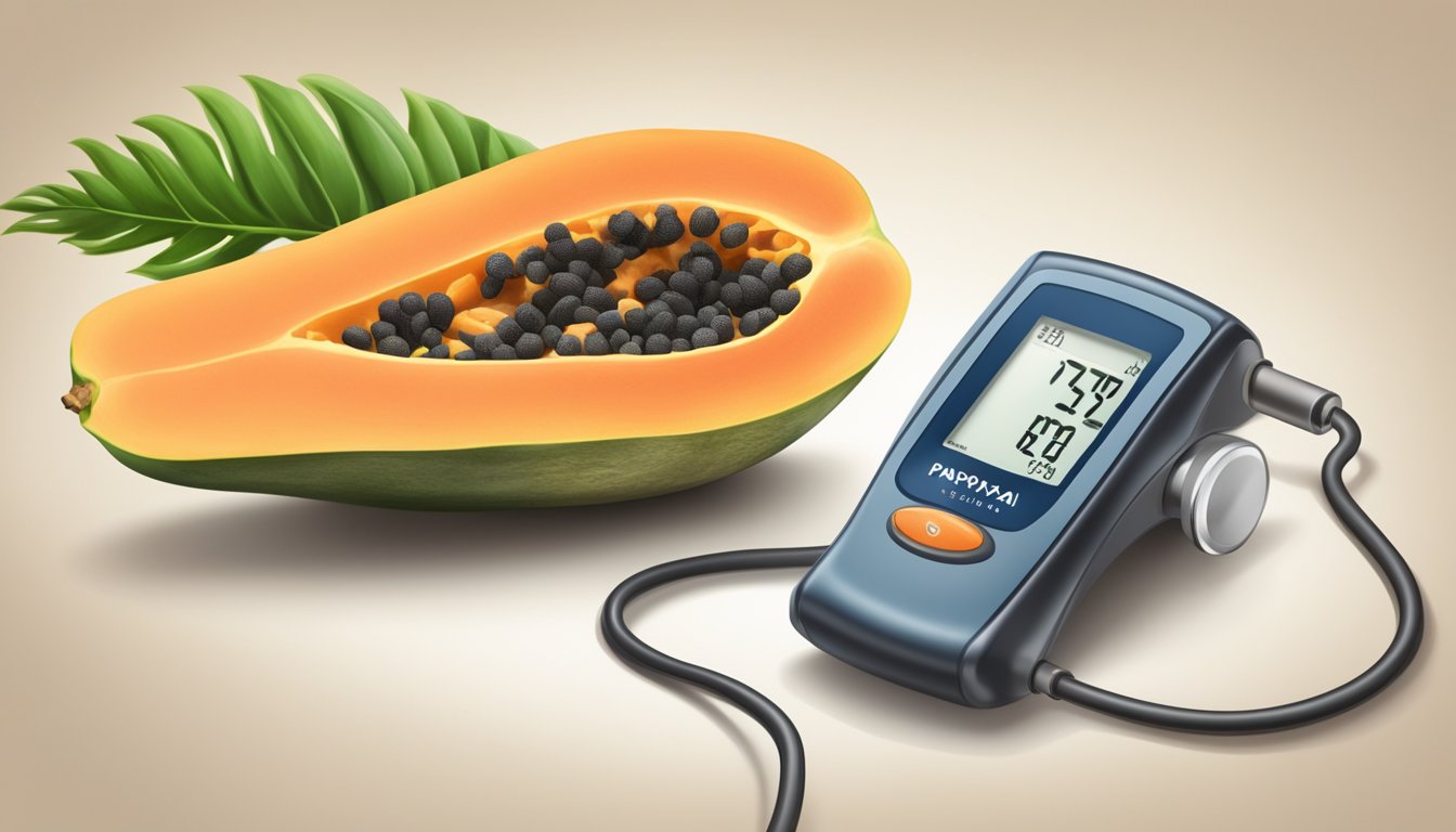 A papaya next to a blood sugar monitor, with a focus on the papaya's texture and color