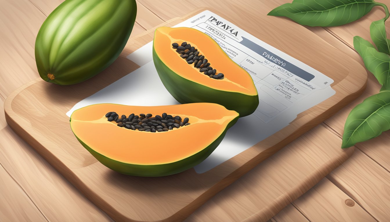 A ripe papaya sits on a wooden cutting board, surrounded by slices and seeds. A nutrition label with "Papaya" and "Diabetic-Friendly" is visible