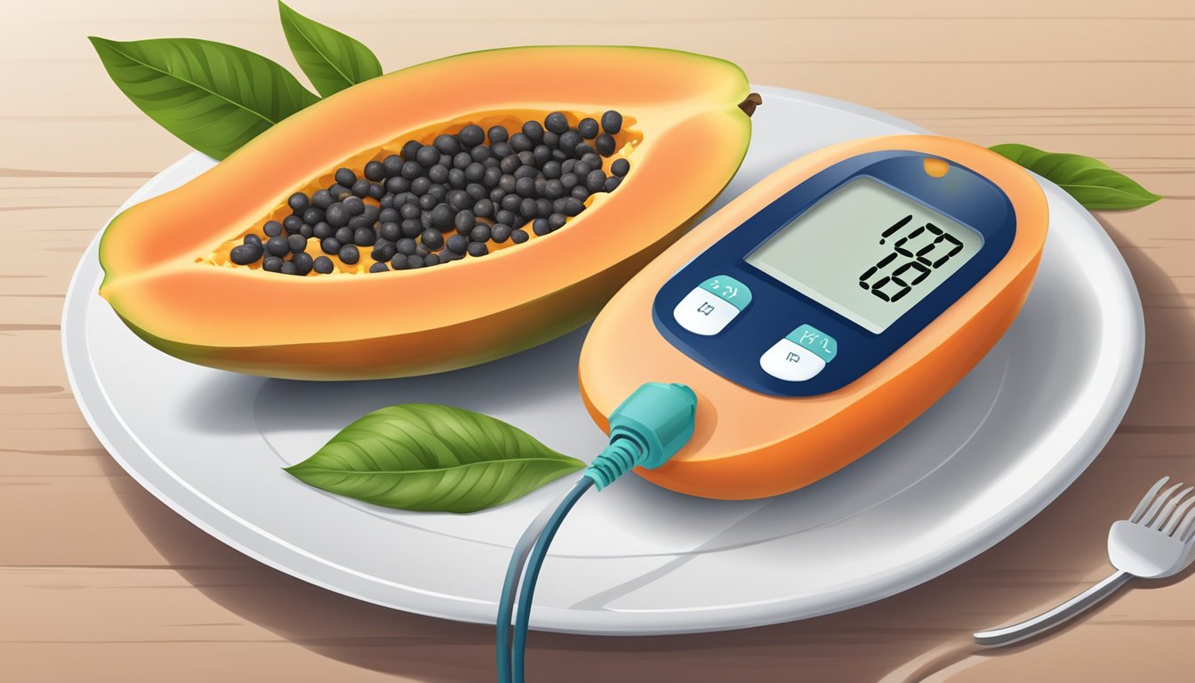 A ripe papaya on a plate with a blood glucose monitor and a list of diabetic-friendly foods