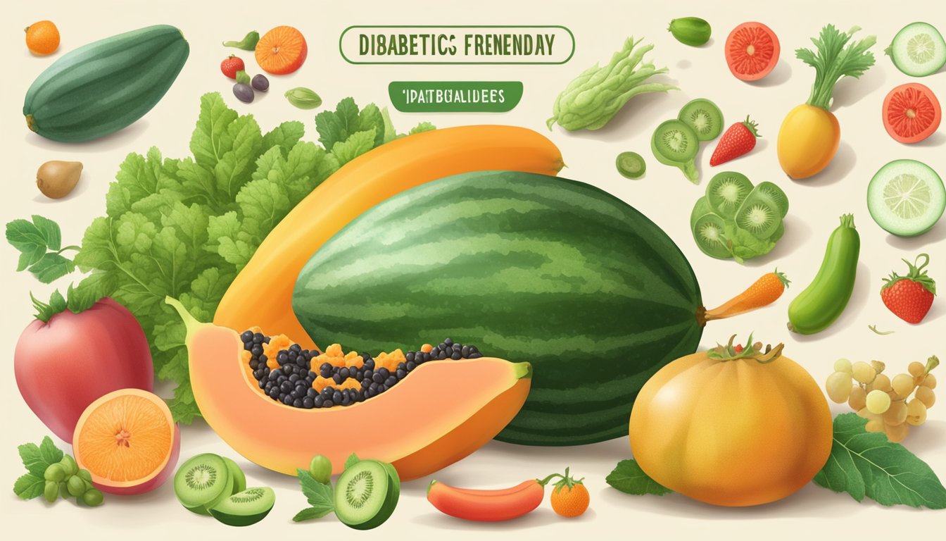 A ripe papaya, surrounded by a variety of fruits and vegetables, with a "diabetic-friendly" label next to it