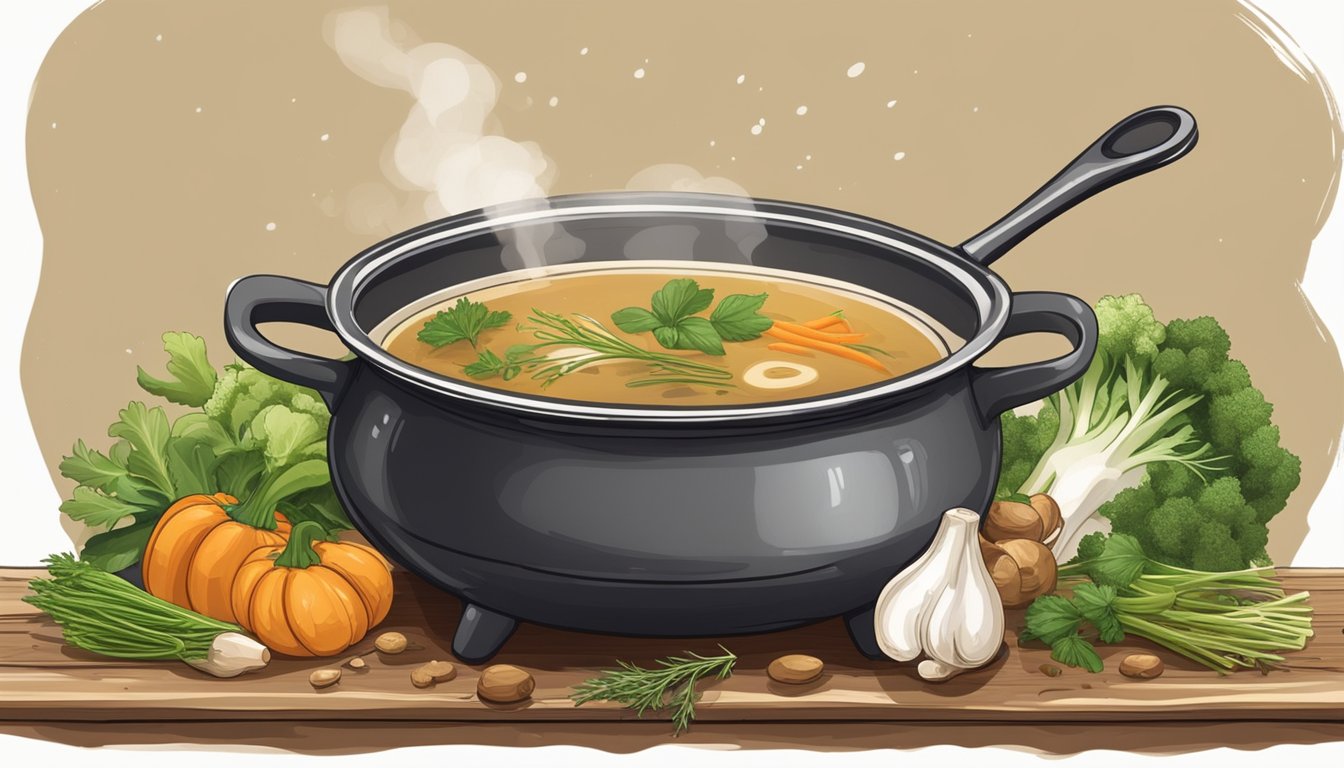 A steaming pot of bone broth sits on a rustic wooden table, surrounded by fresh vegetables and herbs. A spoon rests on the edge of the pot, ready to serve