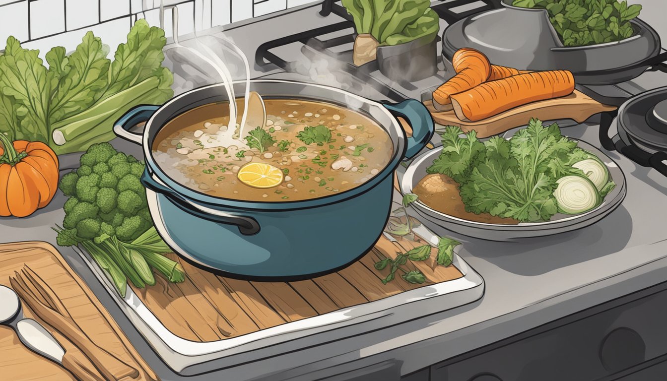 A steaming pot of bone broth sits on a stove, surrounded by fresh vegetables and herbs. A spoonful of broth is being poured into a bowl, showcasing its rich and nourishing qualities