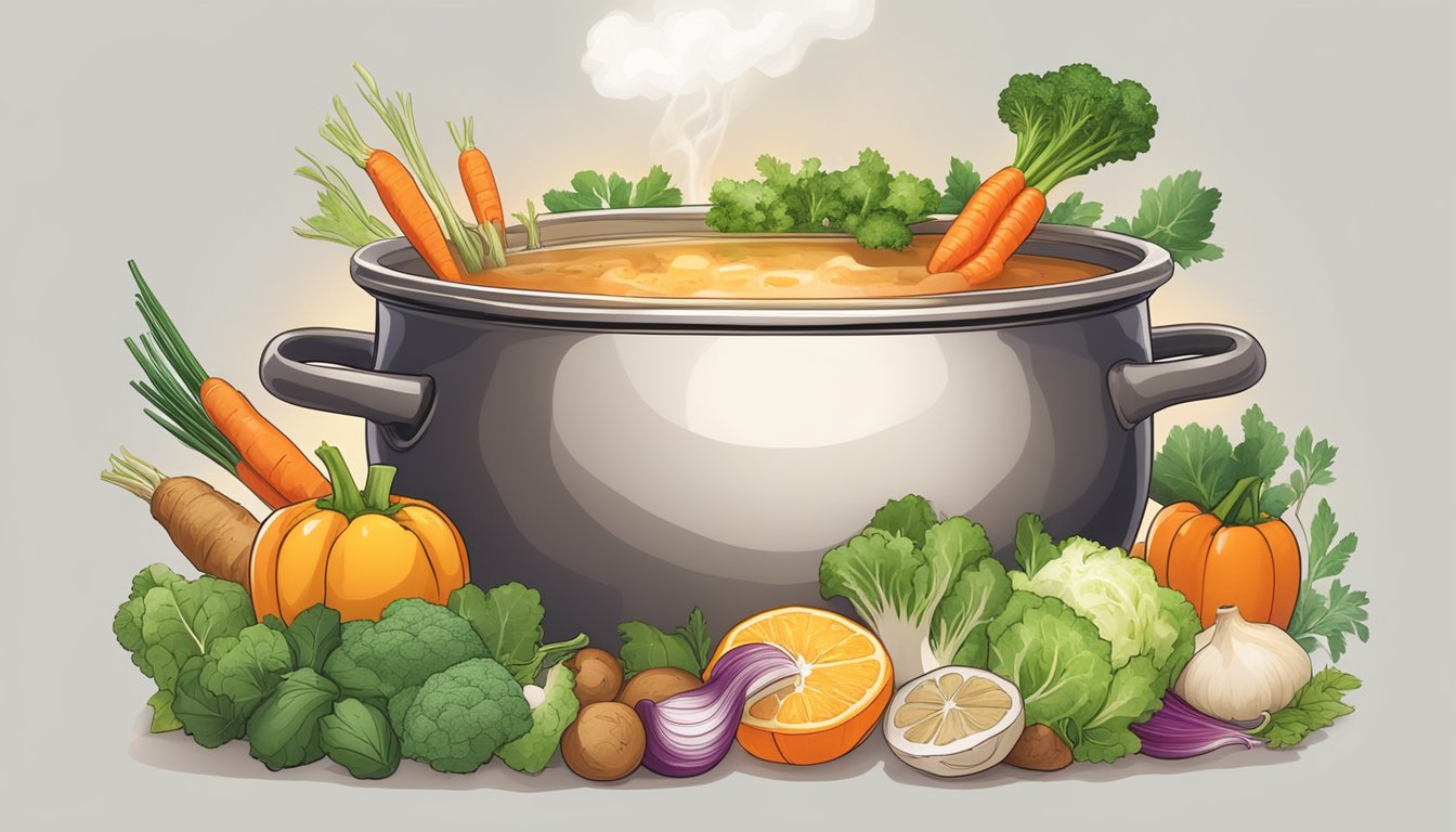 A steaming pot of bone broth surrounded by vibrant, fresh ingredients like vegetables and herbs, with a warm, inviting glow emanating from the pot