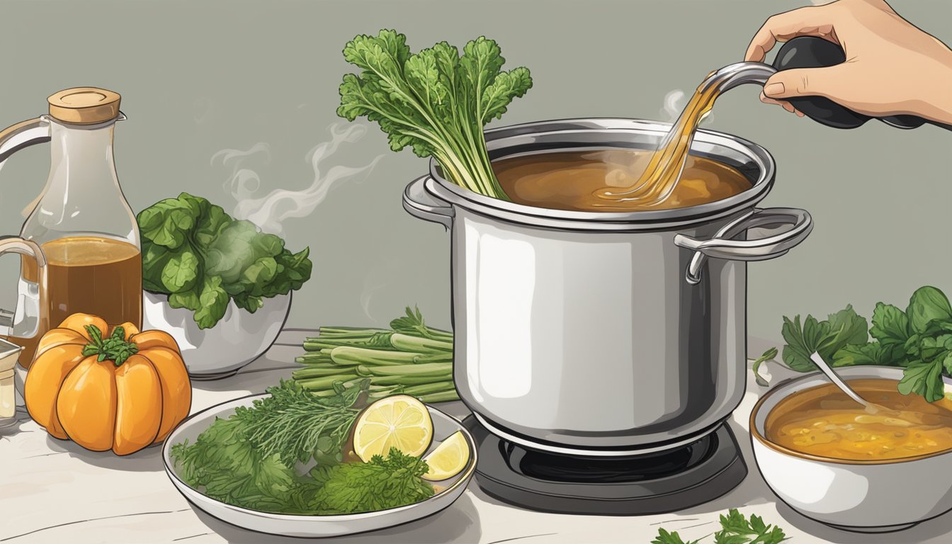 A steaming pot of bone broth sits on a stove, surrounded by fresh vegetables and herbs. A spoonful is being poured into a bowl, with steam rising from the rich, golden liquid