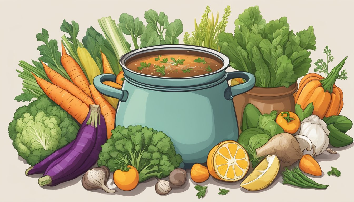 A steaming pot of bone broth sits next to a colorful array of fresh vegetables and herbs, symbolizing the synergy between bone broth and a healthy diet