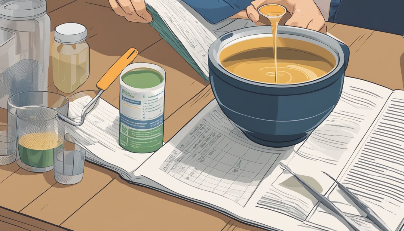 A person with diabetes reads a brochure on bone broth. A bowl of bone broth sits on a table next to a measuring cup and a list of dietary guidelines