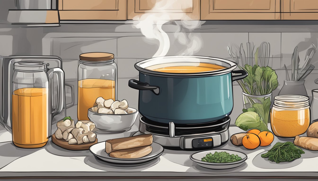 A steaming pot of bone broth sits on a stove, surrounded by various ingredients and a nutrition label. A diabetic-friendly symbol is displayed prominently