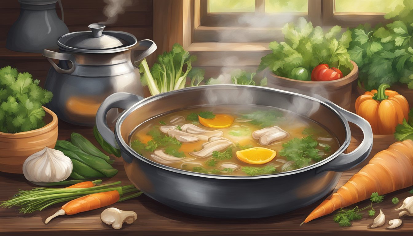 A steaming pot of bone broth sits on a rustic wooden table, surrounded by fresh vegetables and herbs. The rich aroma wafts through the air, evoking a sense of warmth and nourishment