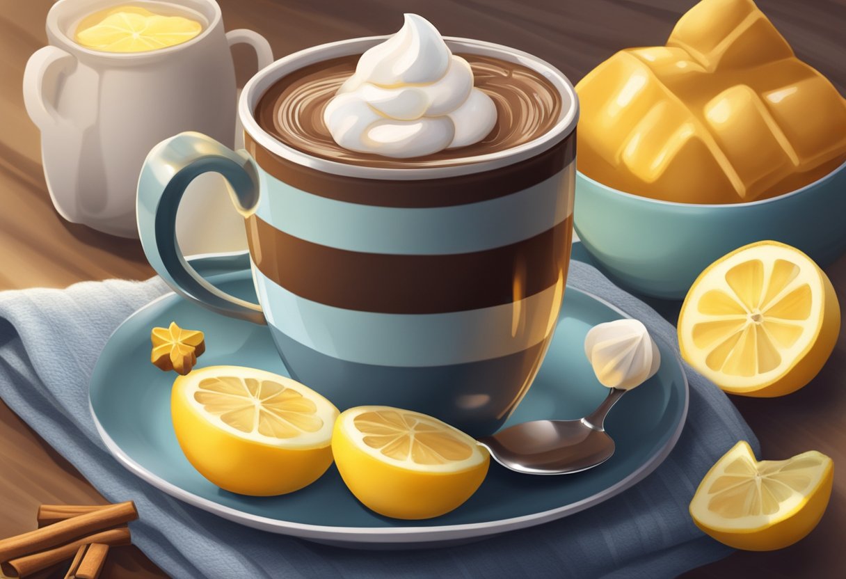 A steaming mug of hot chocolate sits on a cozy table, surrounded by soothing honey and lemon. A warm blanket is draped nearby, inviting comfort and relief