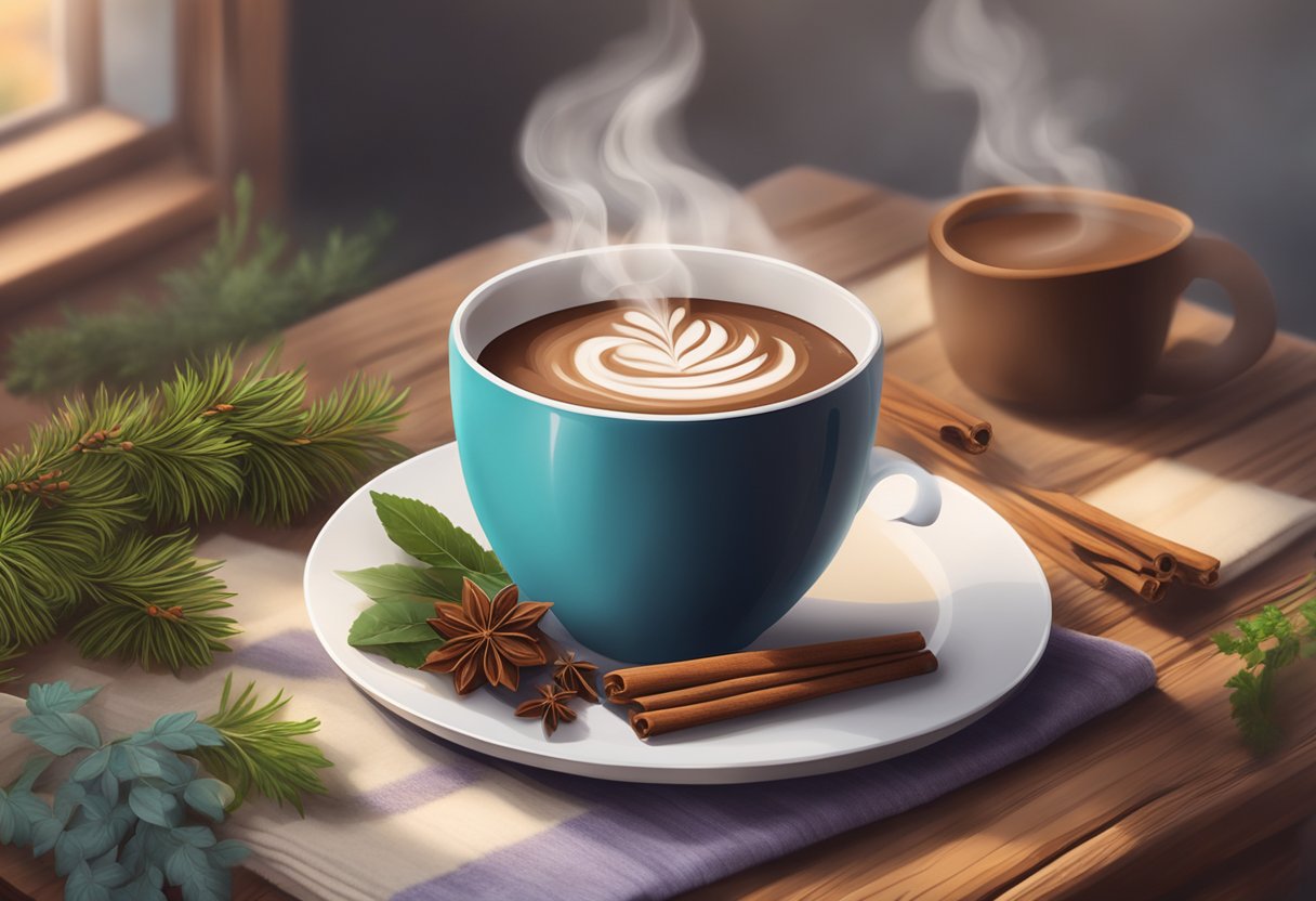 A steaming mug of hot chocolate sits on a cozy table, surrounded by soothing herbs and a warm scarf