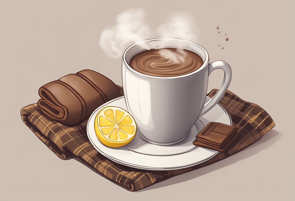 Steaming mug of hot chocolate with steam rising, surrounded by soothing ingredients like honey and lemon, with a comforting blanket nearby