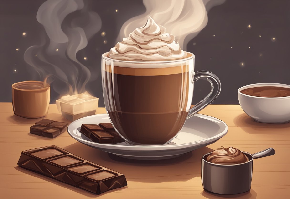 A steaming mug of hot chocolate sits next to other hot drinks. The aroma of cocoa fills the air. A soothing, comforting scene