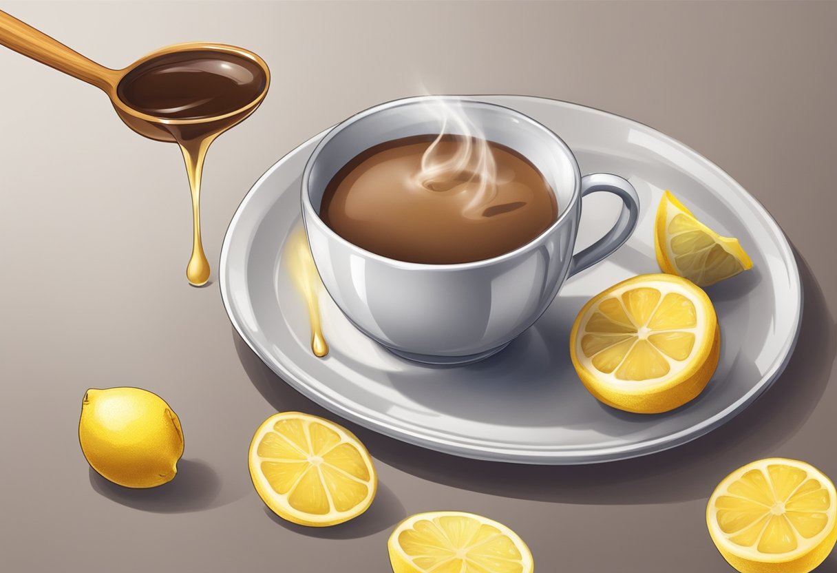 Steam rises from a mug of hot chocolate. A spoon stirs in honey. A lemon slice sits on the saucer