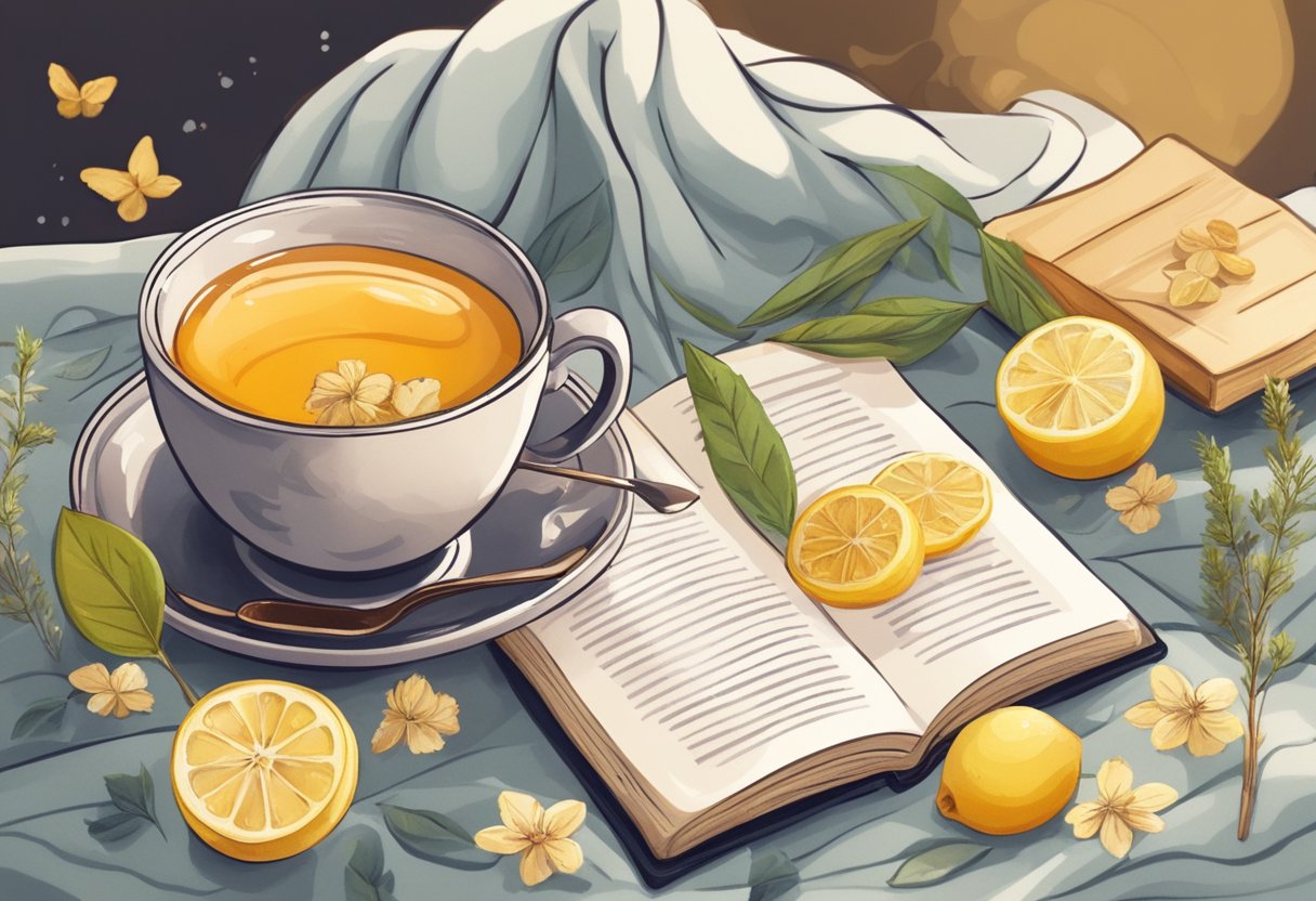 A steaming cup of herbal tea surrounded by soothing ingredients like honey, lemon, and ginger. A cozy blanket and a book are nearby