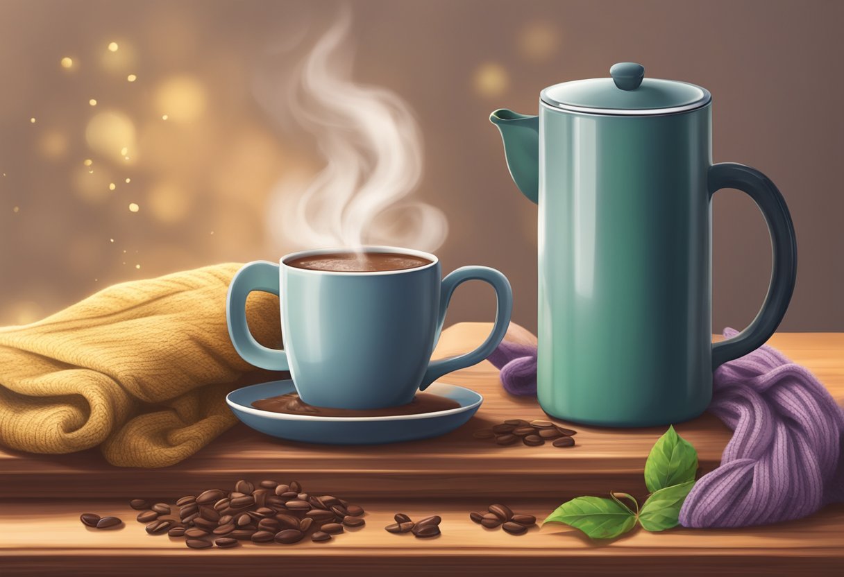 Steam rises from a mug of hot chocolate on a cozy table, surrounded by soothing herbal tea and a warm scarf