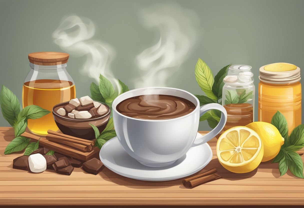 A steaming mug of hot chocolate sits next to a variety of natural remedies, such as honey and lemon, on a cozy kitchen counter