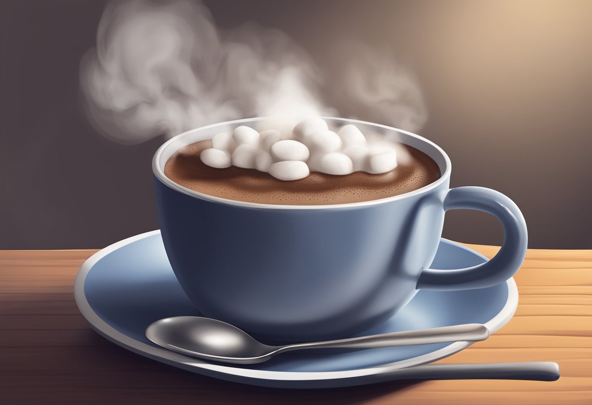 A steaming mug of hot chocolate sits on a table, with a soothing steam rising from it, ready to provide comfort for a sore throat