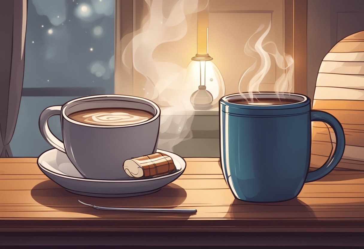 A steaming cup of hot chocolate sits on a table next to a box of tissues and a thermometer. The room is dimly lit, suggesting a cozy and comforting atmosphere