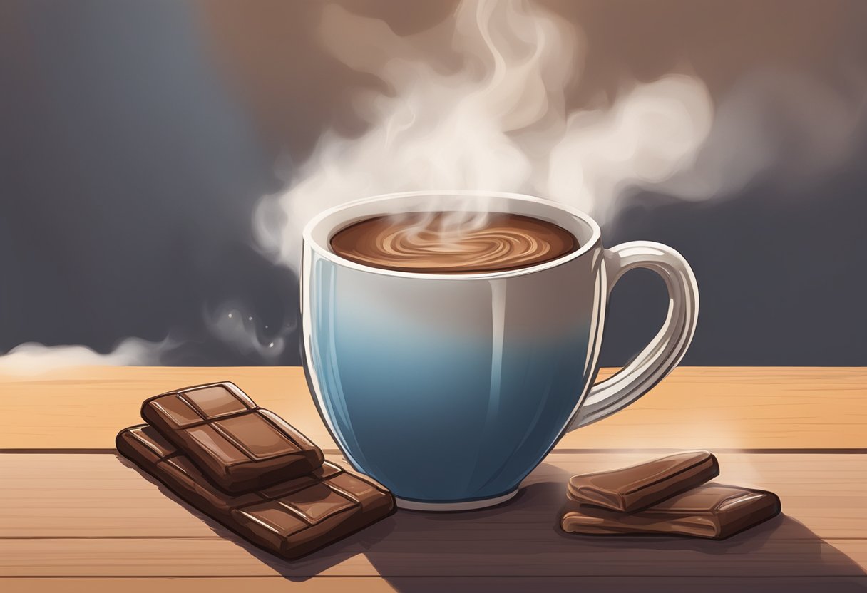 A steaming mug of hot chocolate sits on a table, steam rising from its surface, with a soothing, comforting aura