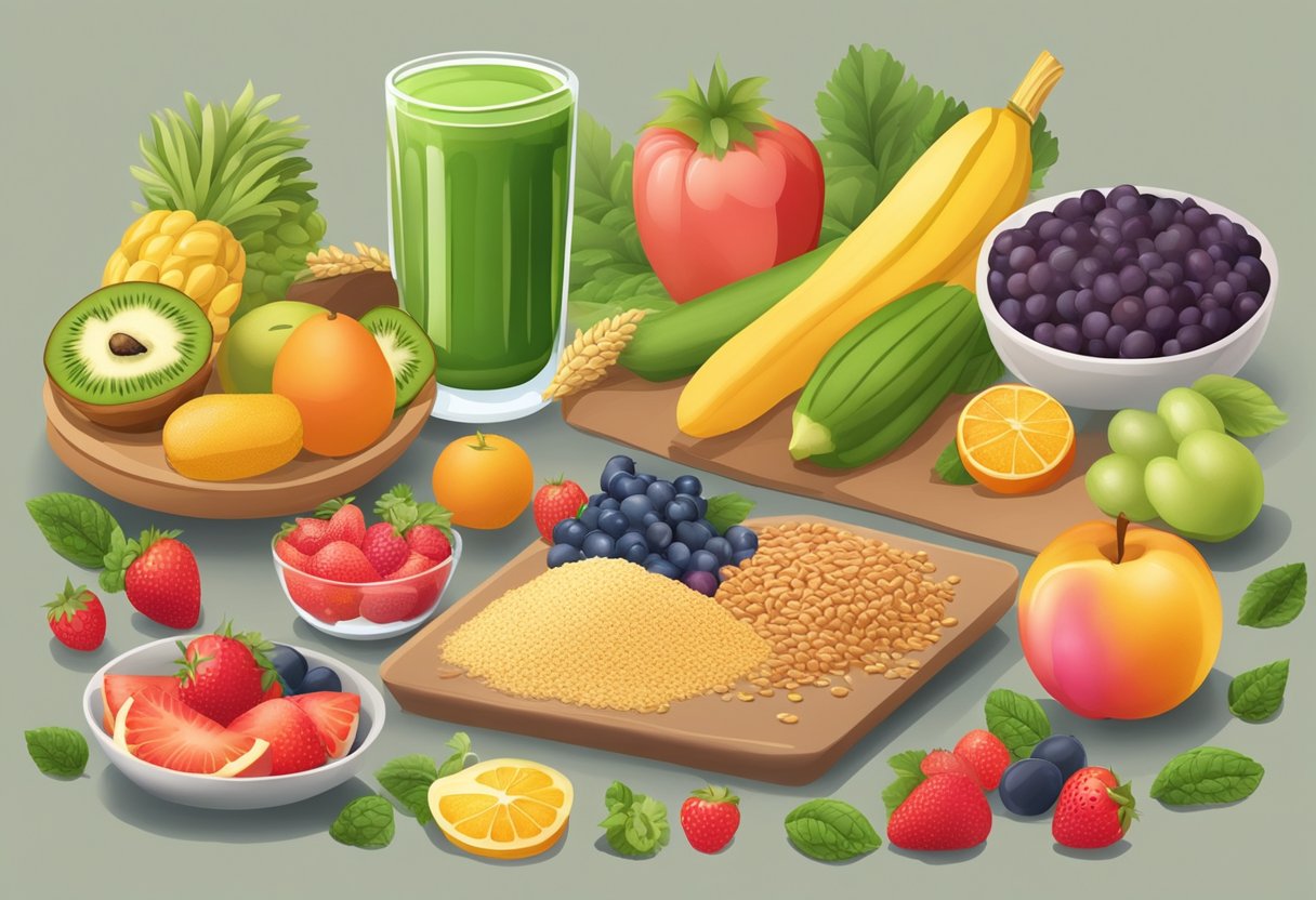 A table with colorful fruits, vegetables, and whole grains. Avoid sugary drinks and processed foods. Display a variety of healthy options for diabetics