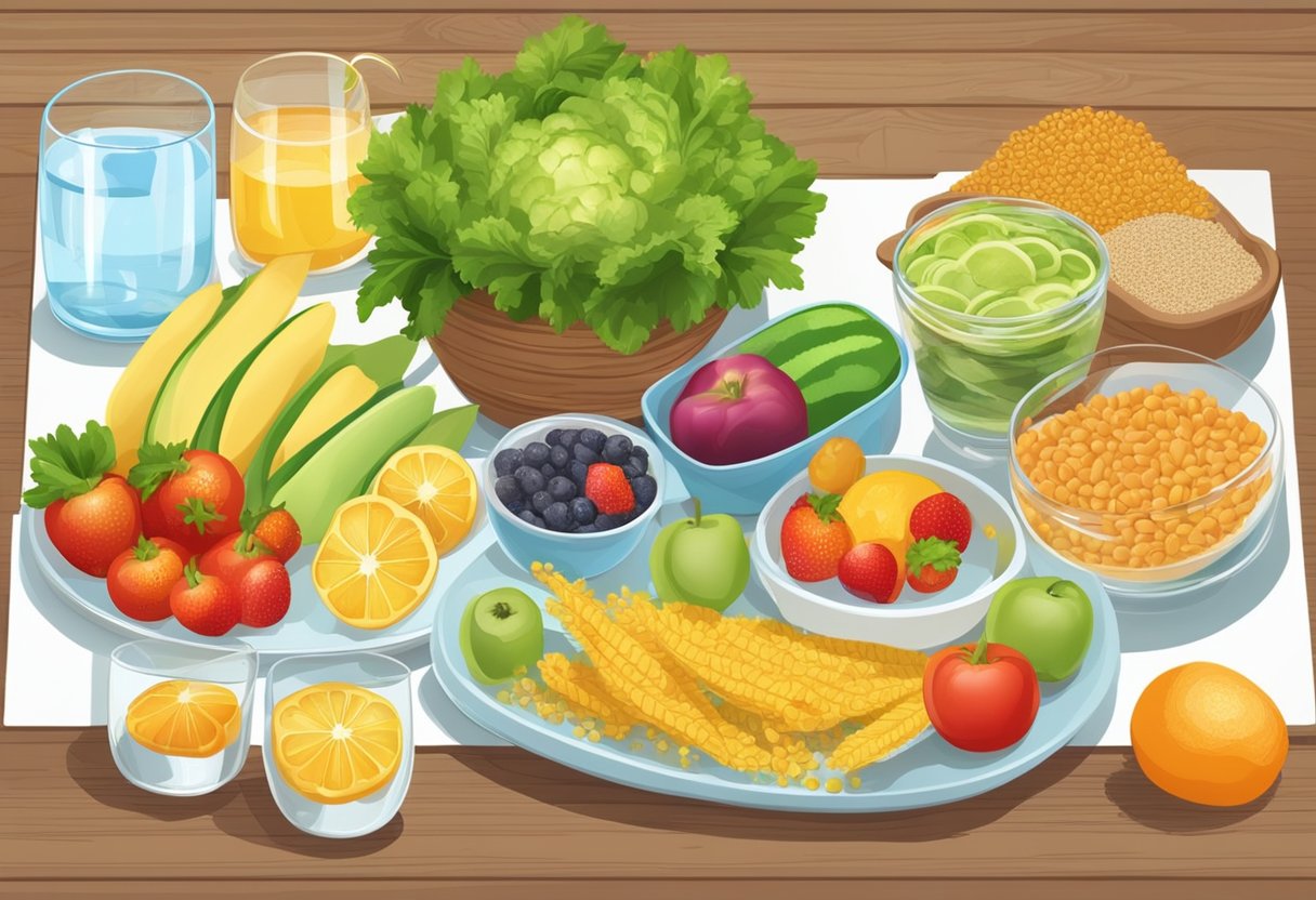 A table with a variety of colorful vegetables, lean proteins, and whole grains. A plate of fresh fruit and a glass of water complete the balanced meal