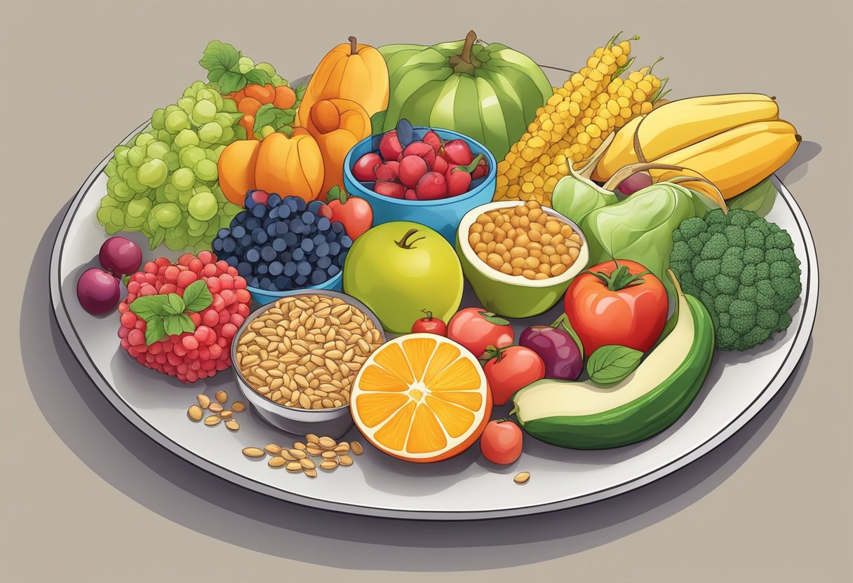 A colorful array of fruits, vegetables, whole grains, and lean proteins arranged on a plate