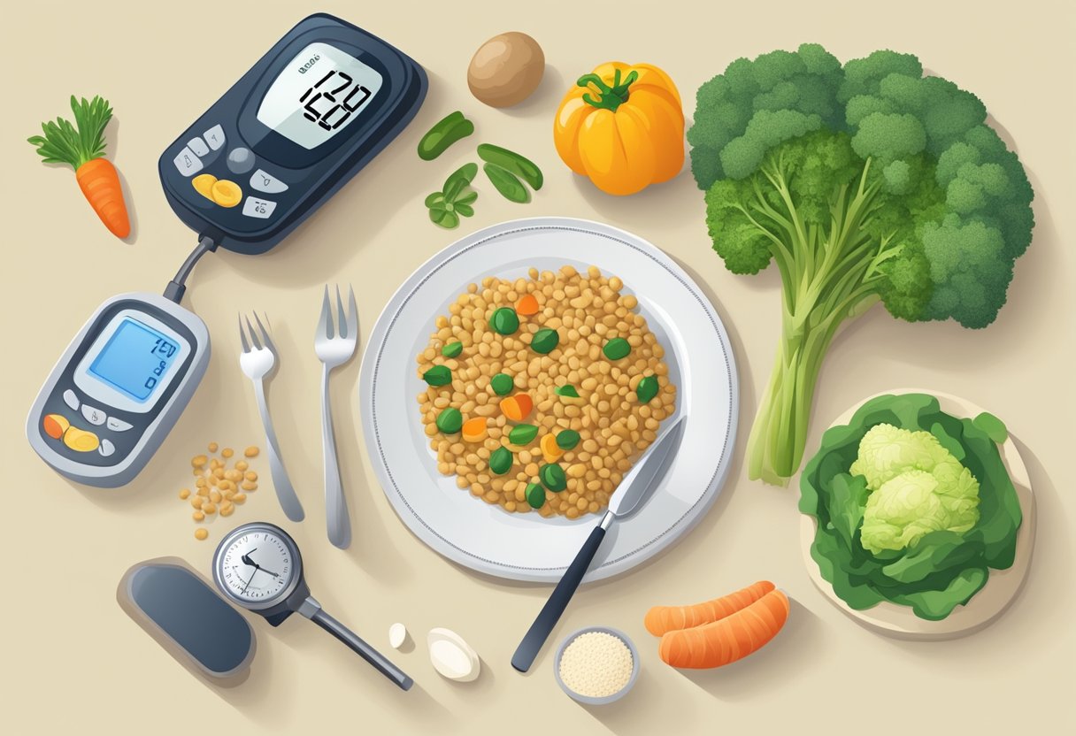 A balanced plate with vegetables, lean protein, and whole grains. A blood sugar monitor shows stable levels