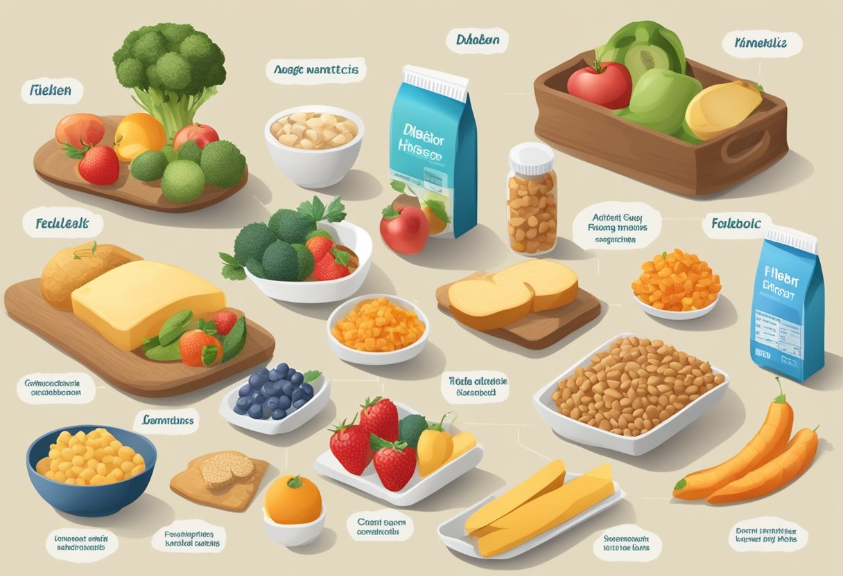 A table with various food items and their nutrition labels, with a focus on low sugar and high fiber options for diabetics