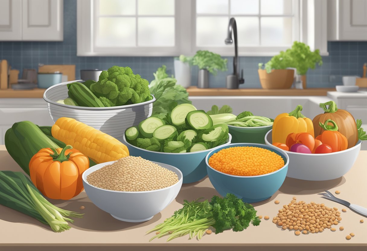 A colorful array of fresh vegetables, lean proteins, and whole grains spread out on a kitchen counter, with a measuring cup and a nutrition guide nearby