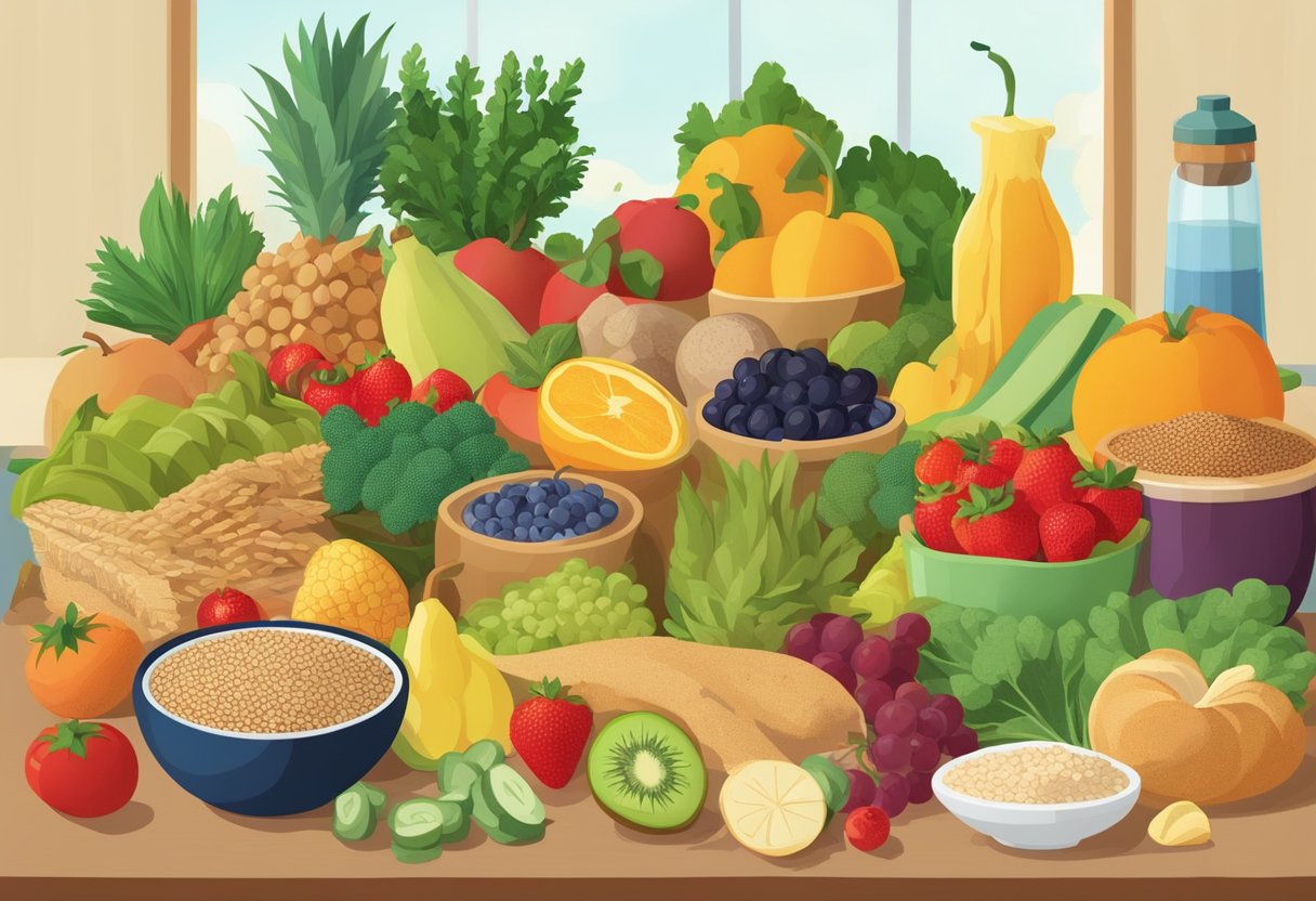 A table filled with colorful fruits, vegetables, and whole grains, accompanied by a variety of lean proteins and healthy fats. A banner above reads "Frequently Asked Questions: Good Food for Diabetics."