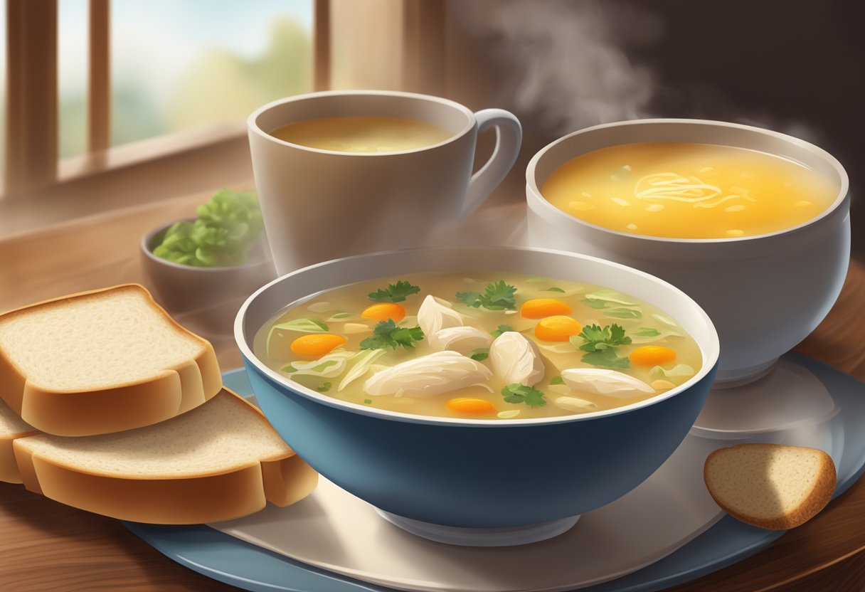 A steaming bowl of chicken soup with a side of warm, buttered bread on a cozy table