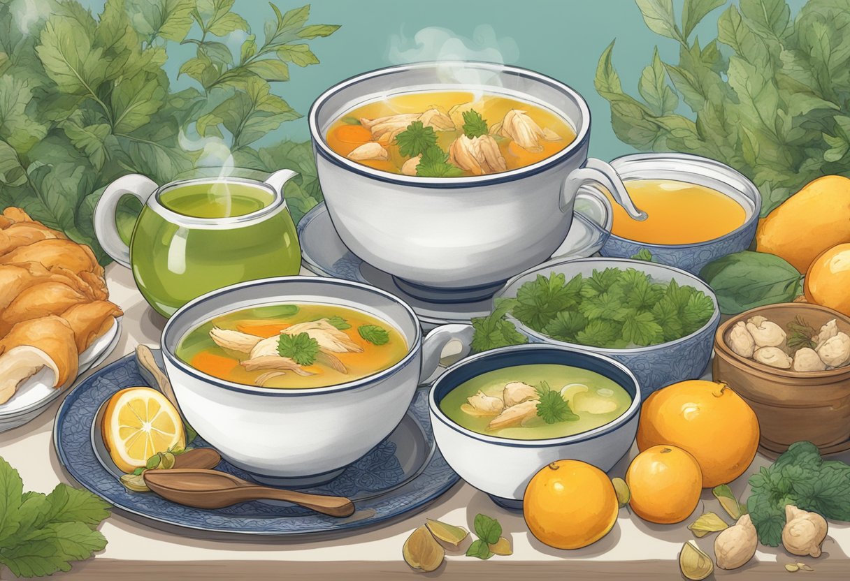 A steaming bowl of chicken soup sits on a table, surrounded by soothing herbal tea and a pile of ripe, juicy fruits