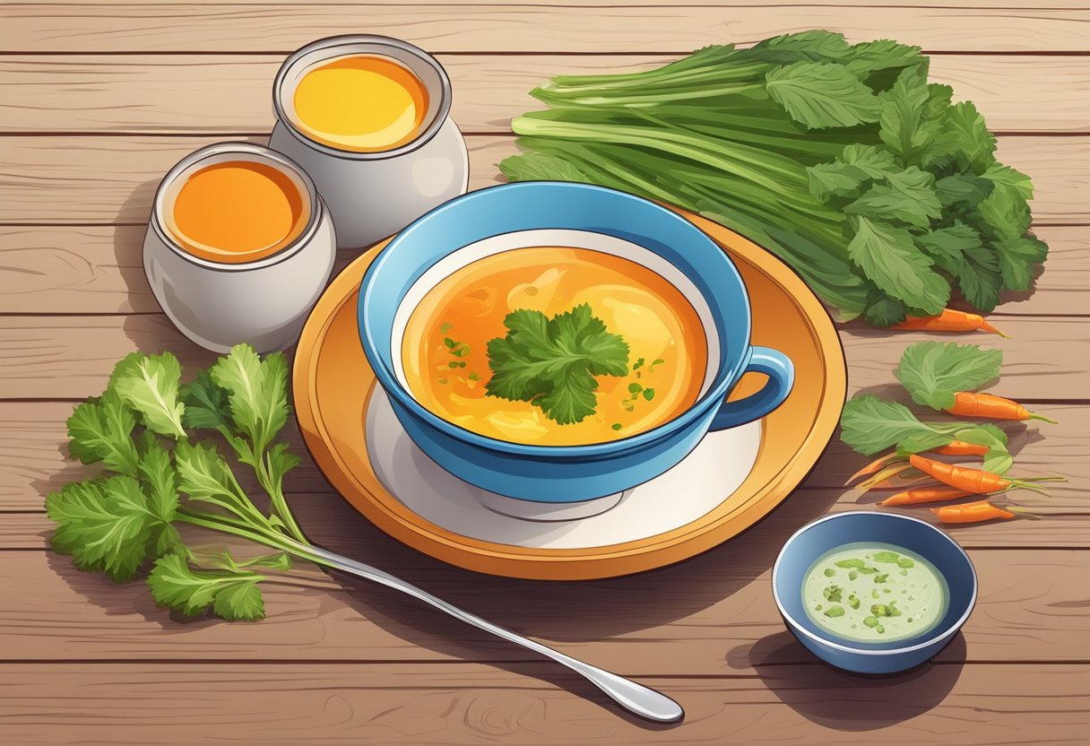 A bowl of hot soup with colorful vegetables and a cup of herbal tea on a wooden table