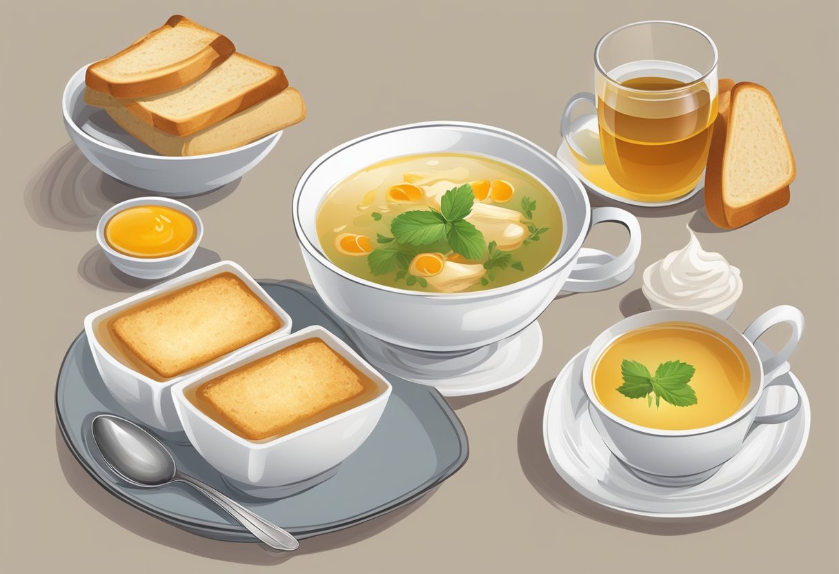 A bowl of chicken soup with steam rising, a cup of herbal tea, a slice of honey-drizzled toast, and a bowl of soothing, creamy yogurt