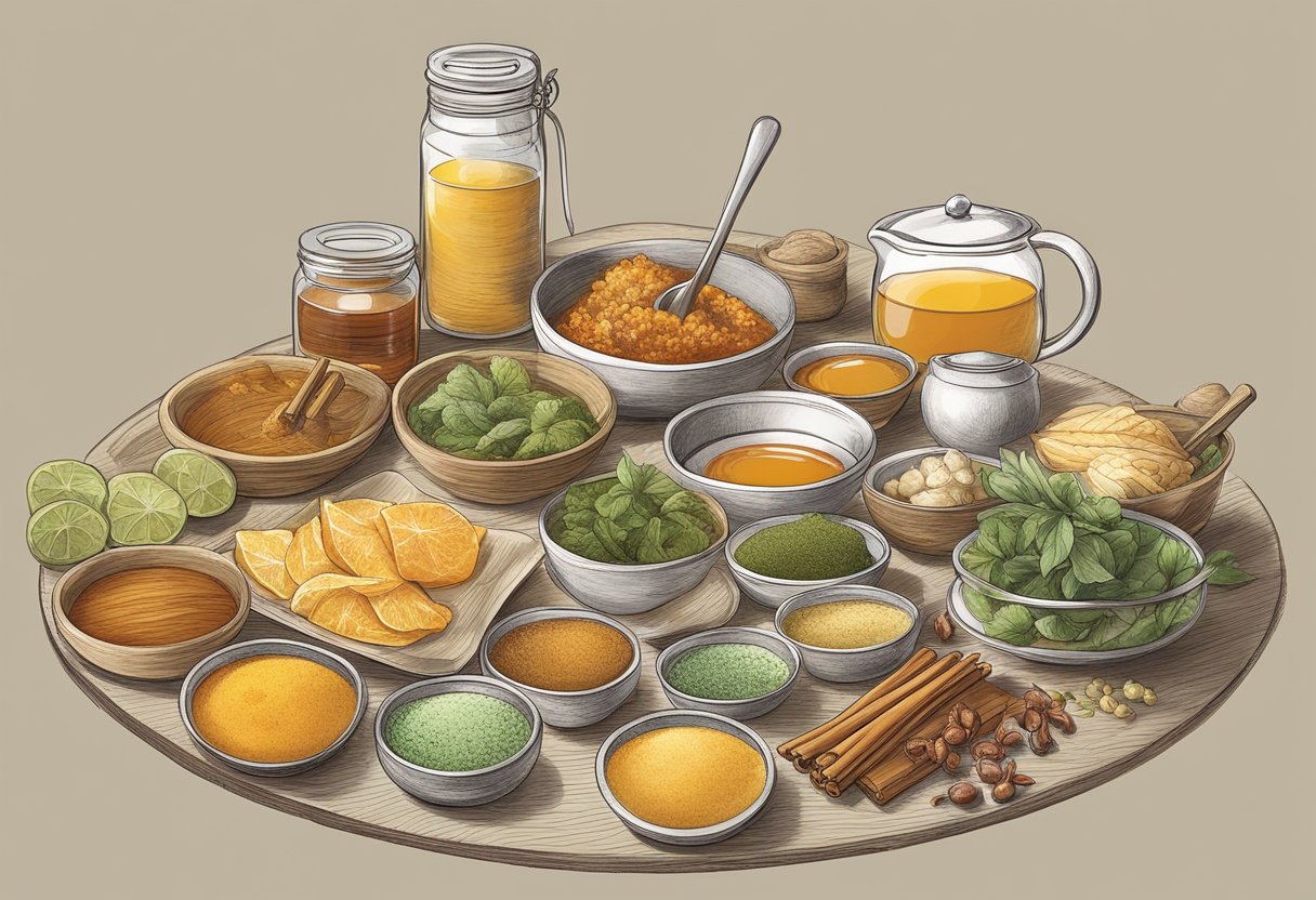 A table with spicy, acidic, and rough foods crossed out, while soothing options like tea, soup, and honey are highlighted